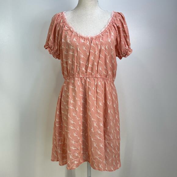 Morgan Lane Ava Mini Silk Dress Peony Pink Blush Printed Bird Motif - Picture 5 of 10